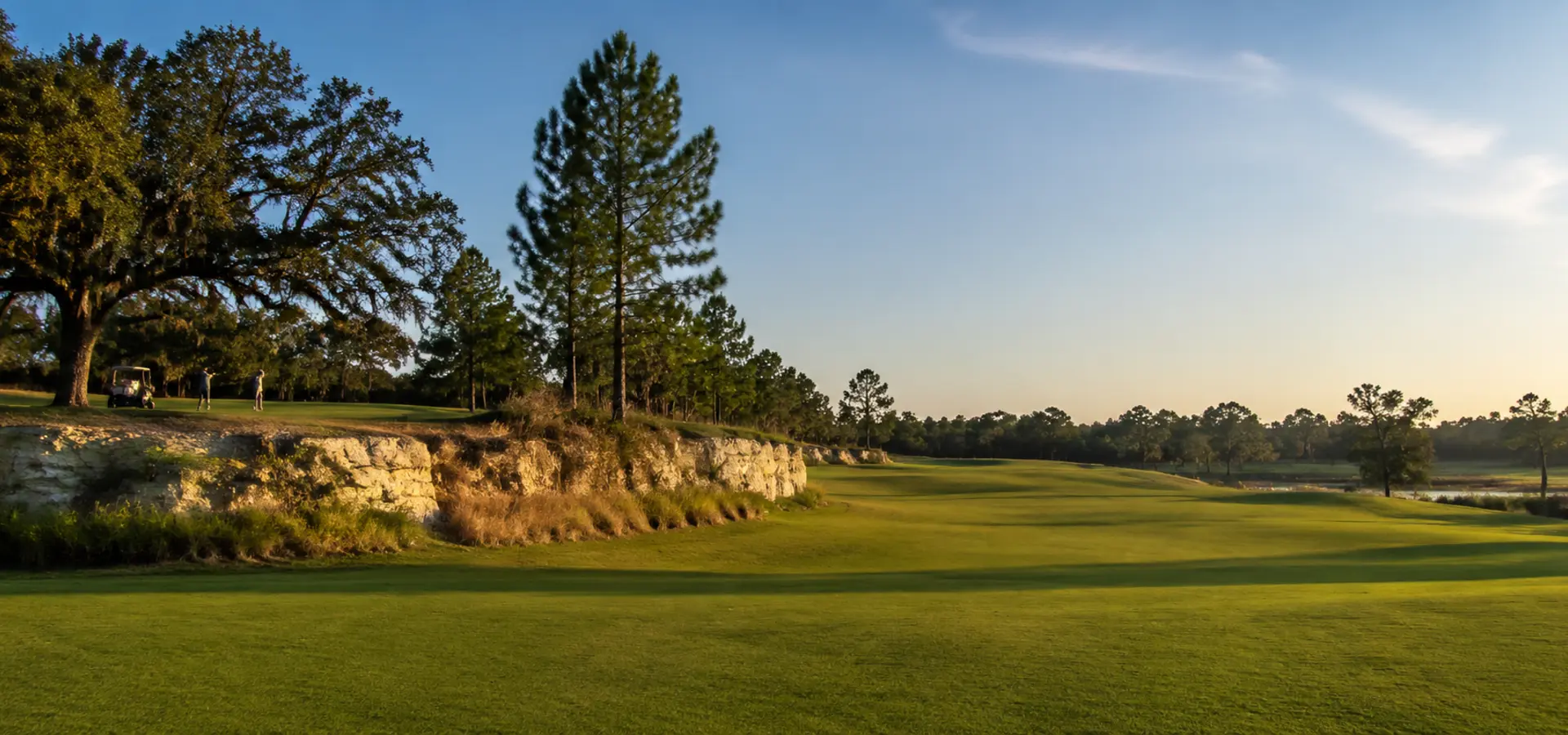 Rolling Florida golf fairway with live oaks, pines and limestone terrain